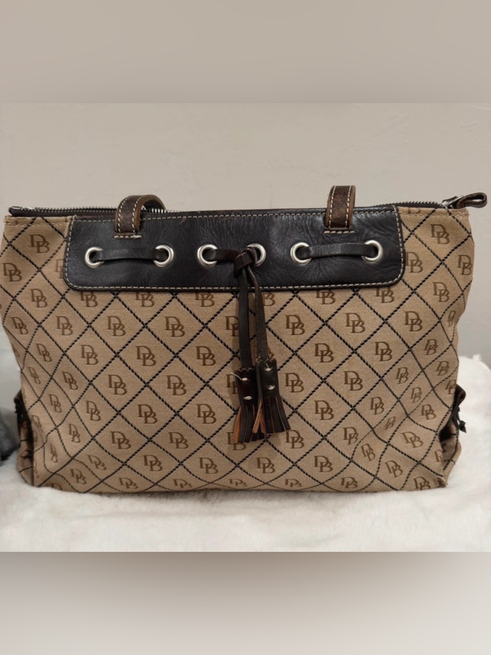 Dooney & Bourke Tan Canvas Monogram Tote with Brown Leather Trim